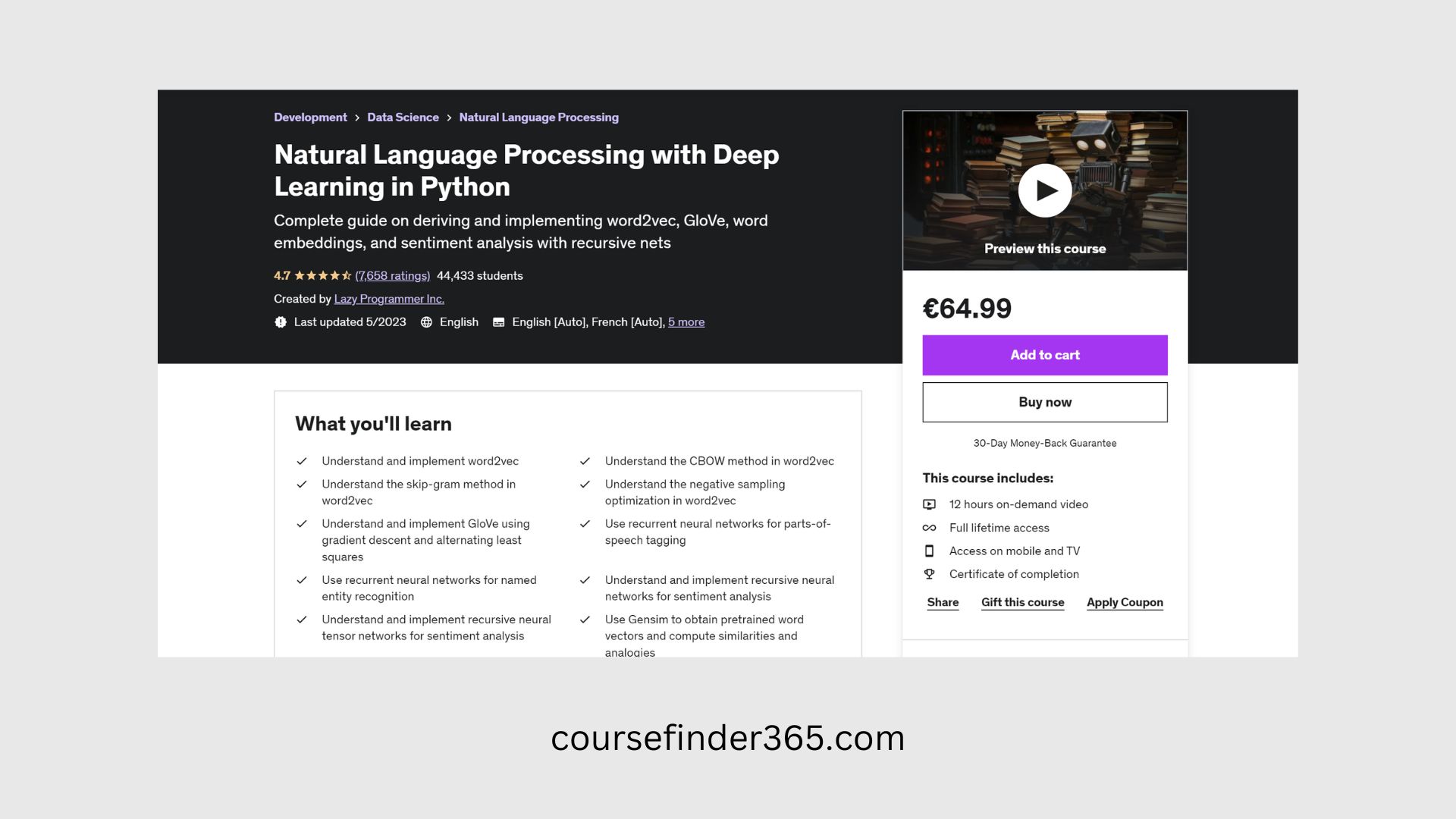 Natural Language Processing with Deep Learning in Python – Udemy screenshot course page